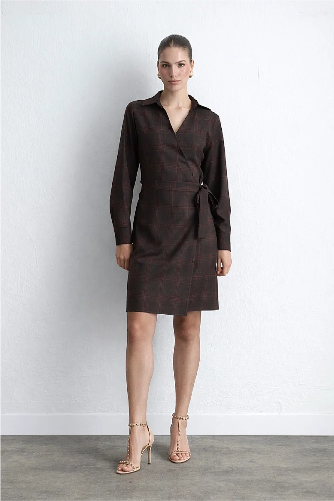 Wrap Plaid Fabric Dress Brown Brown