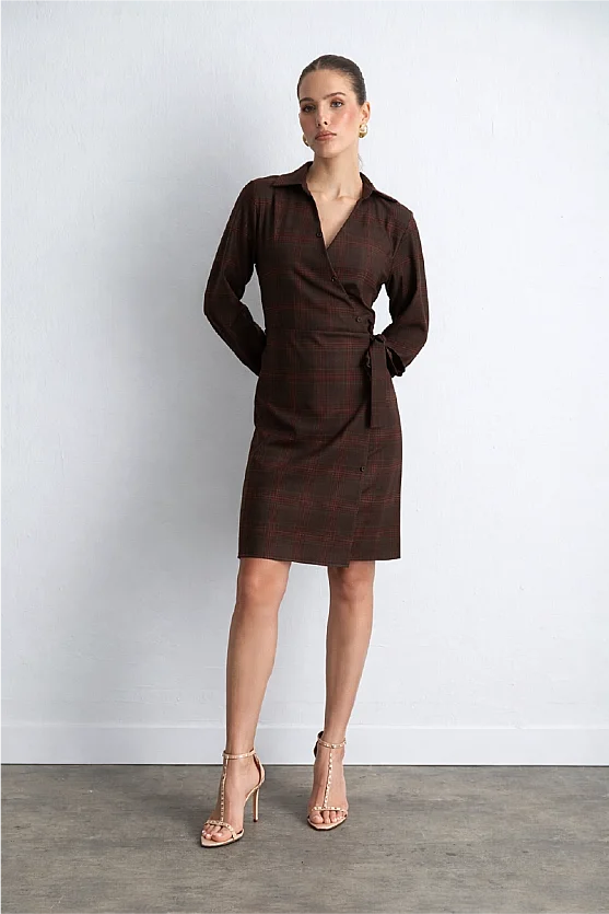 Wrap Plaid Fabric Dress Brown - 2