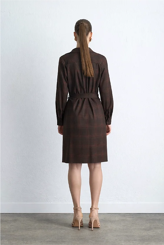 Wrap Plaid Fabric Dress Brown - 6