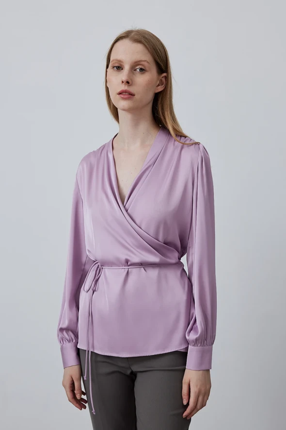 Wrap Satin Blouse - Lilac - 1