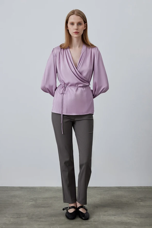 Wrap Satin Blouse - Lilac - 2