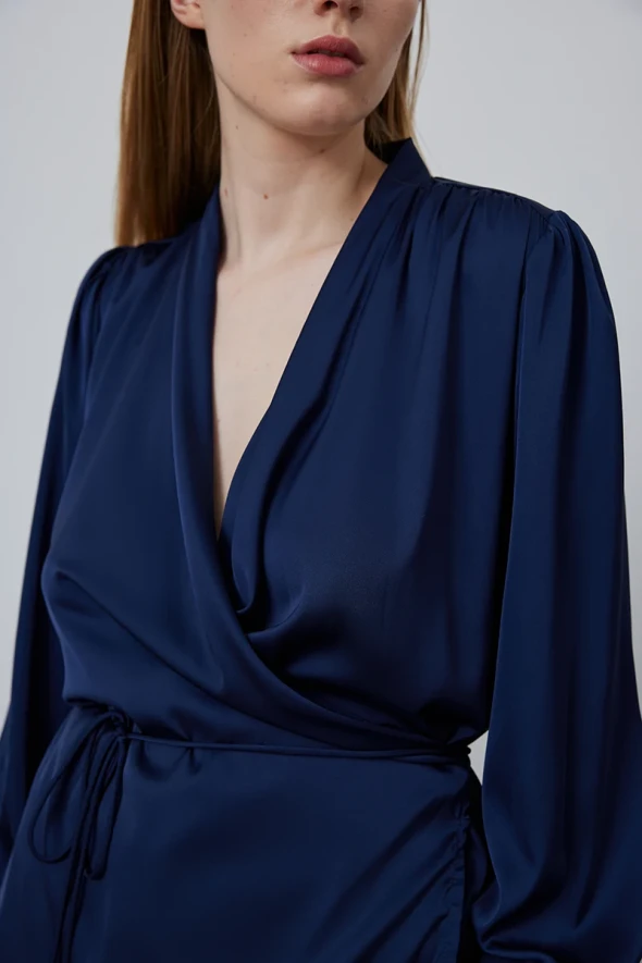 Wrap Satin Blouse - Navy - 3