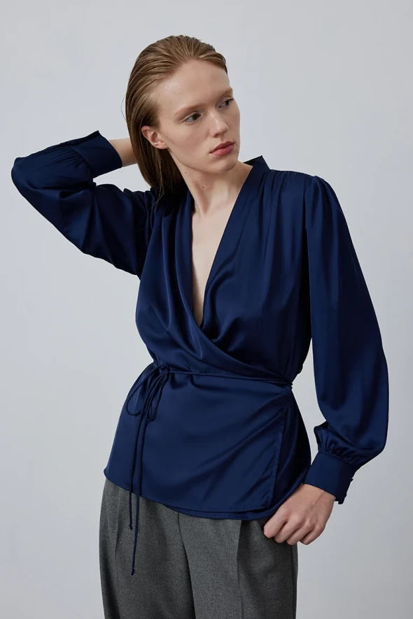 Wrap Satin Blouse - Navy - 2