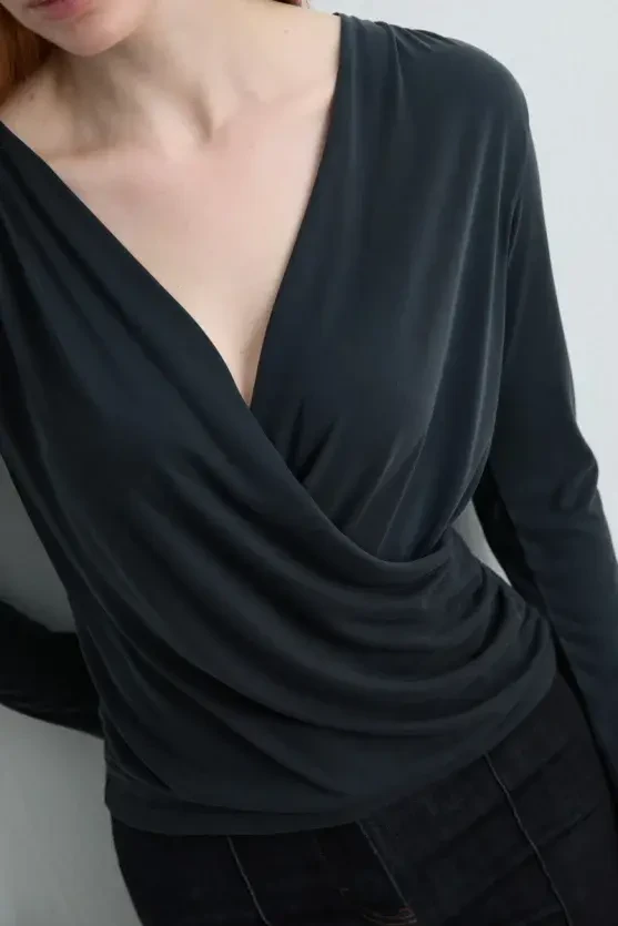 Wrap-Style Modal Knit Blouse - Black - 3