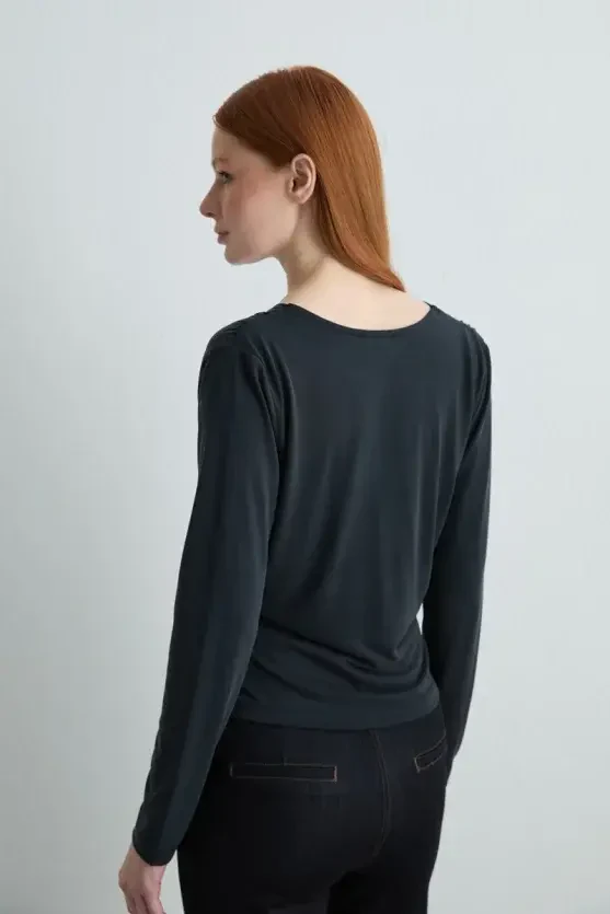 Wrap-Style Modal Knit Blouse - Black - 5