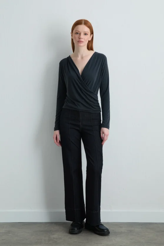 Wrap Style Modal Knit Blouse Black - 1