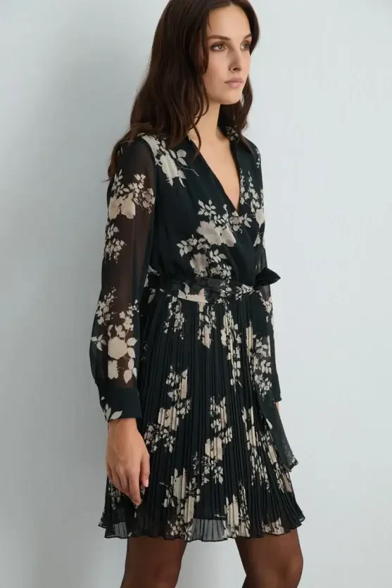 Wrap-Style Pleated Dress - Black - 4