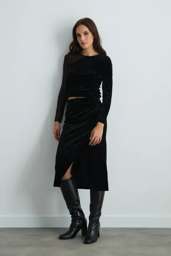Wrap-Style Velvet Skirt - Black - 4