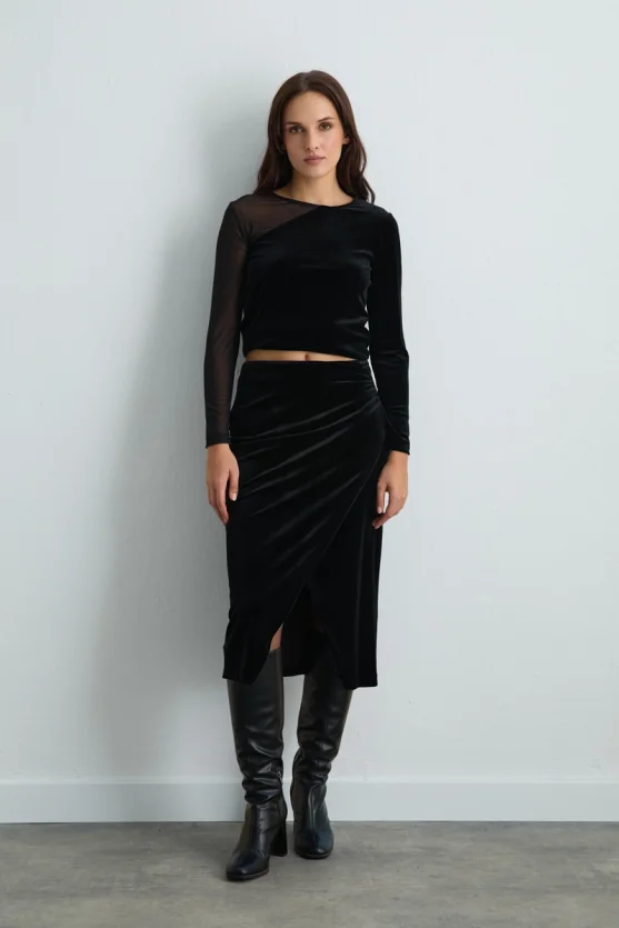 Wrap Style Velvet Skirt Black - Gusto