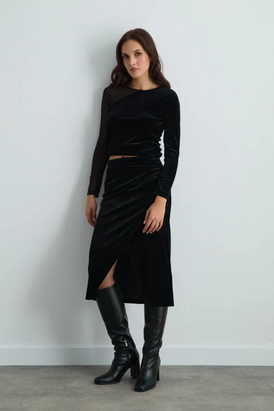 Wrap Style Velvet Skirt Black - Gusto
