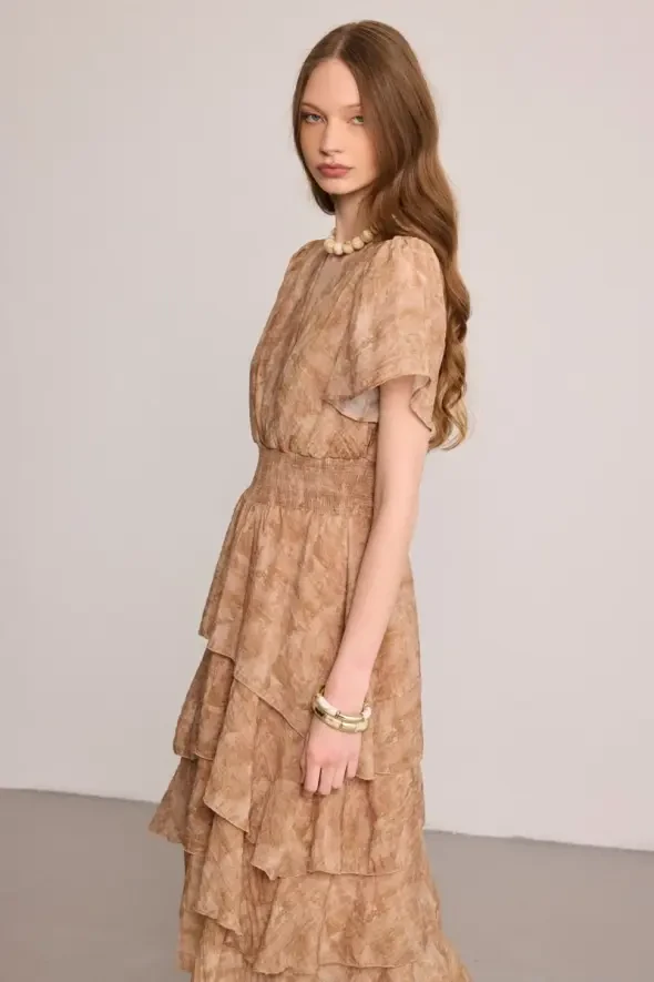 Wrap-Tiered Long Dress - Taupe - 2