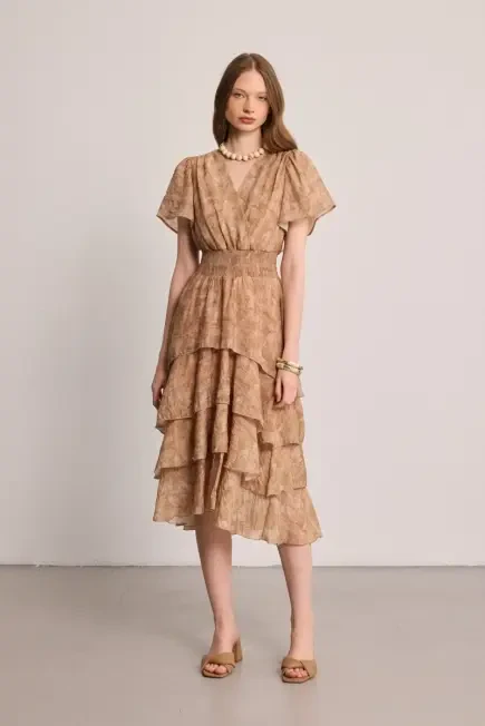 Wrap-Tiered Long Dress - Taupe Mink