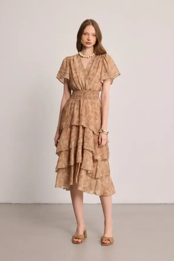 Wrap-Tiered Long Dress - Taupe - 1