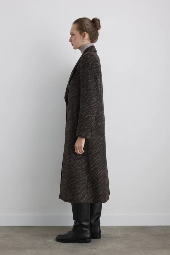 Zebra Pattern Wool Coat - Brown - Gusto