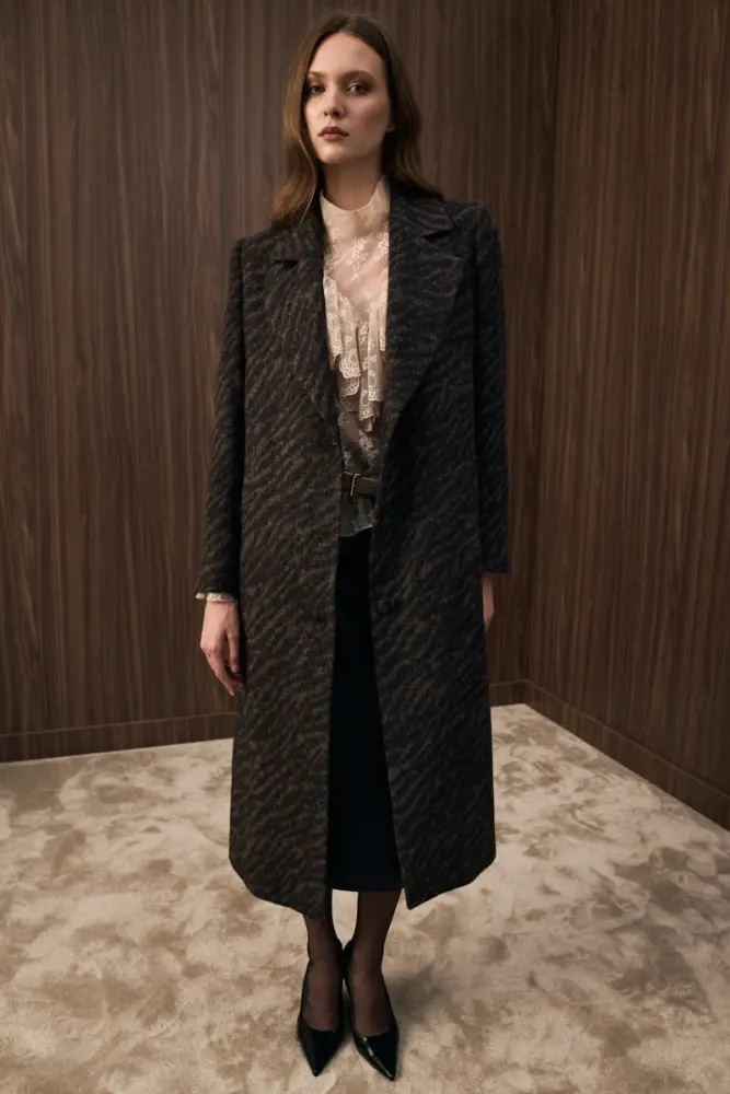 Zebra Pattern Wool Coat - Brown Brown