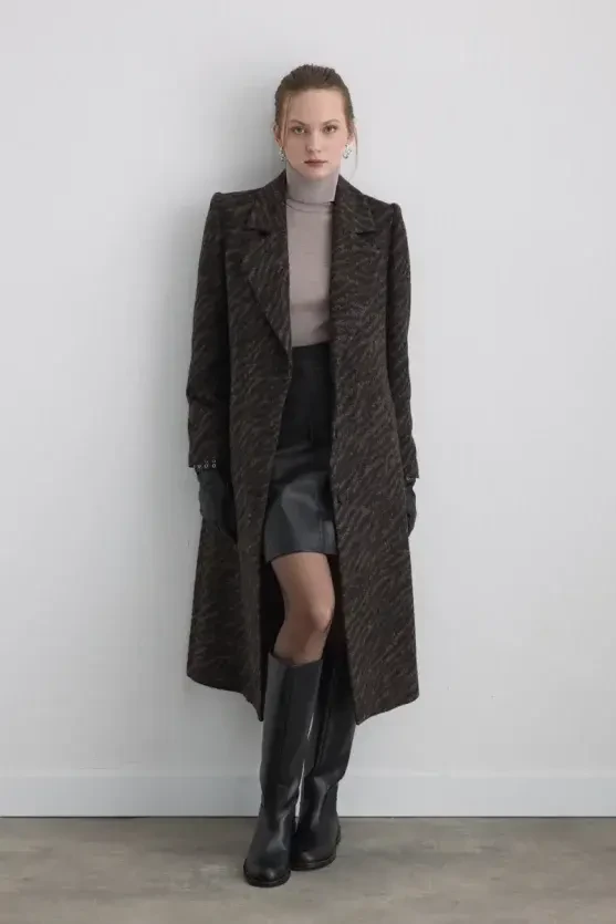 Zebra Pattern Wool Coat - Brown - Gusto