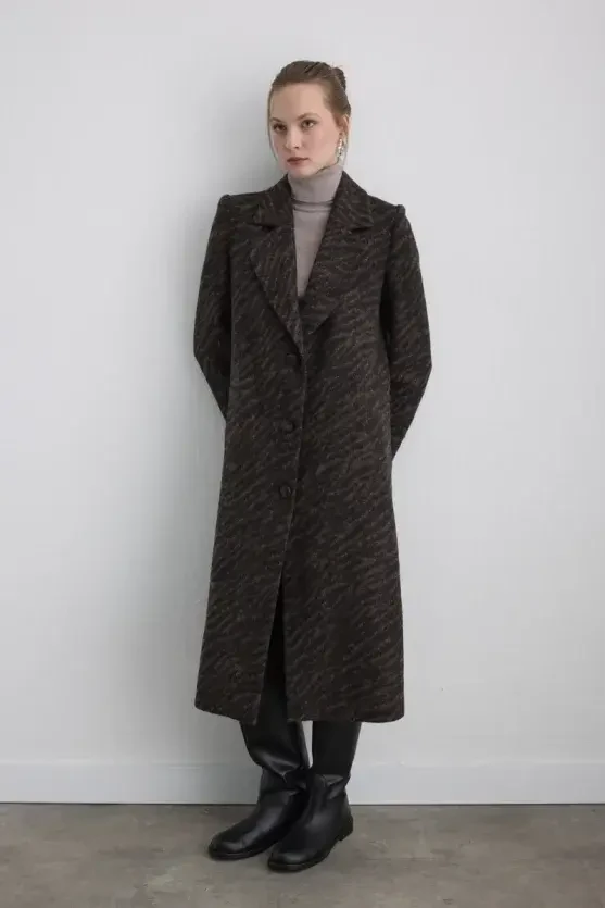 Zebra Pattern Wool Coat - Brown - Gusto
