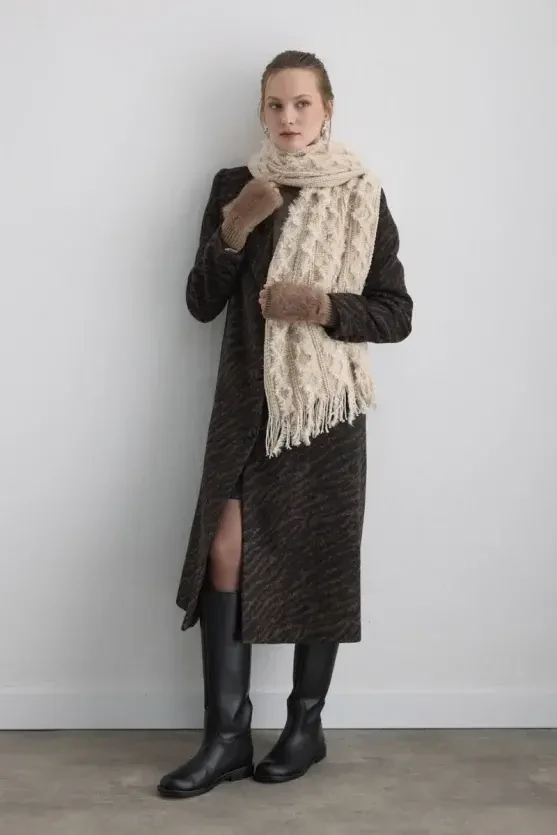 Zebra Pattern Wool Coat - Brown - 5