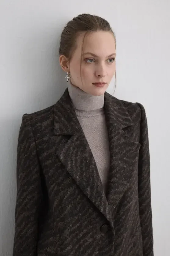 Zebra Pattern Wool Coat - Brown - 3