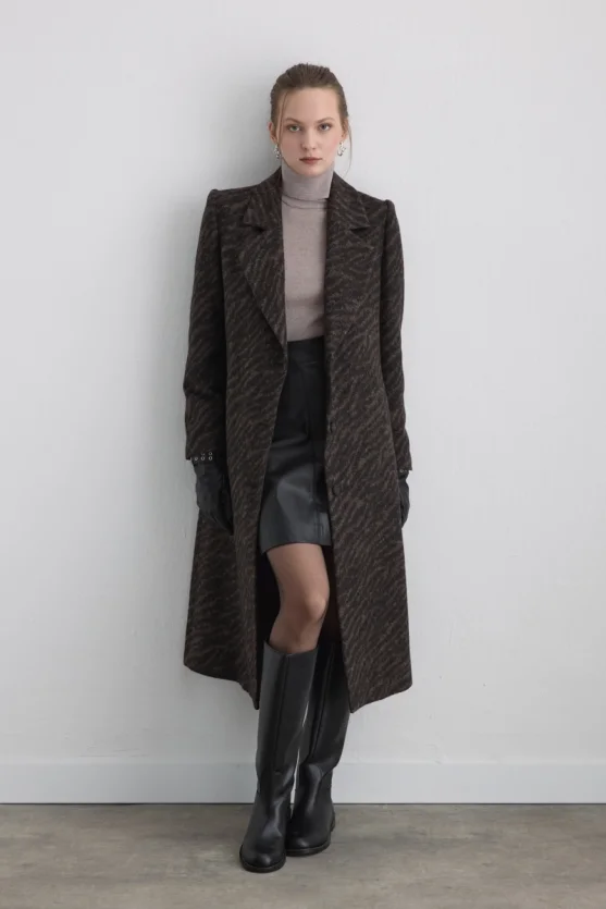 Zebra Pattern Wool Coat Brown - 2