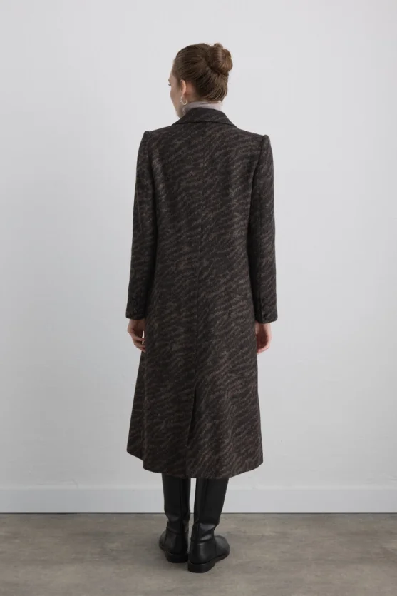 Zebra Pattern Wool Coat Brown - 7