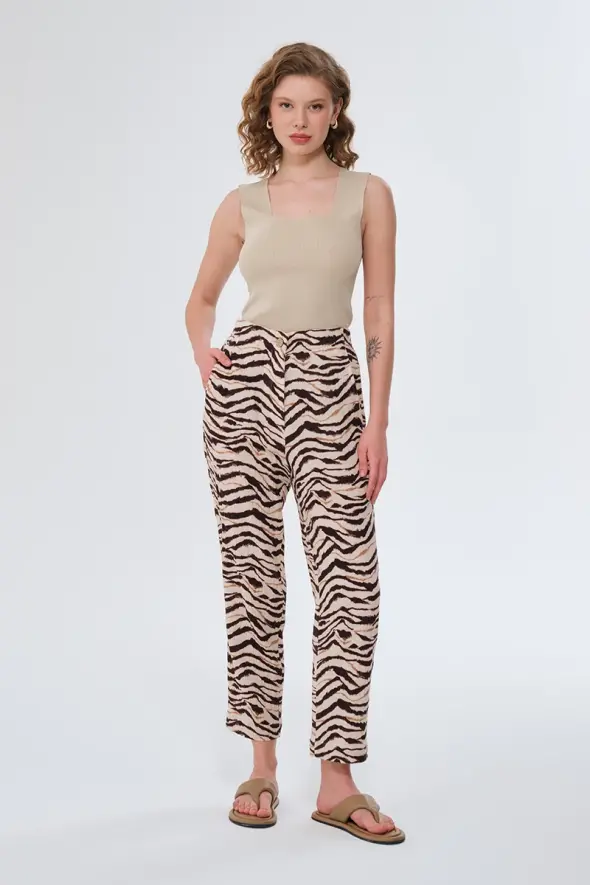 Zebra Patterned Muslin Pants - Beige - 2