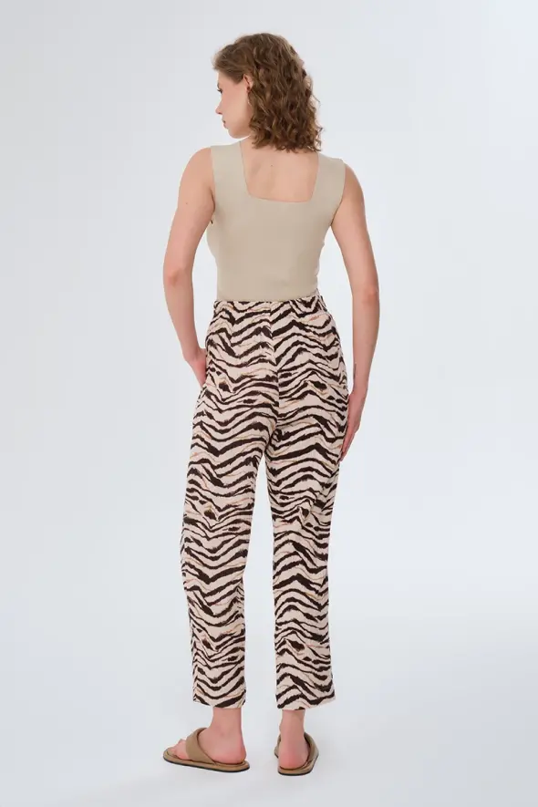 Zebra Patterned Muslin Pants - Beige - 4