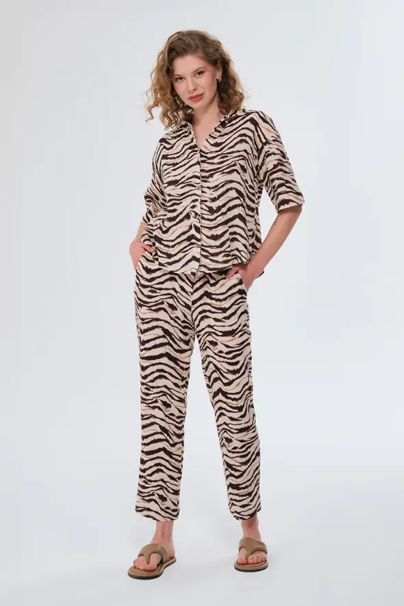 Zebra Patterned Muslin Pants - Beige - 3