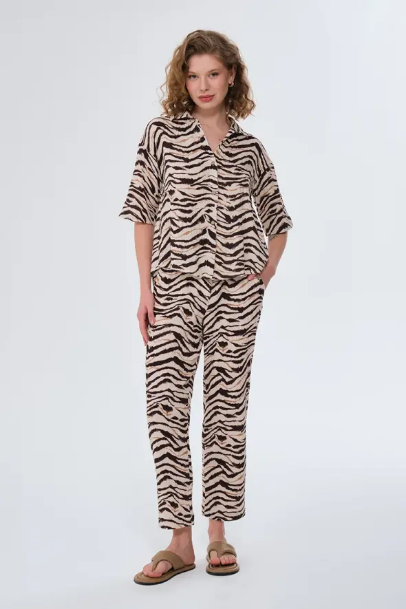 Zebra Patterned Muslin Shirt - Beige - 2