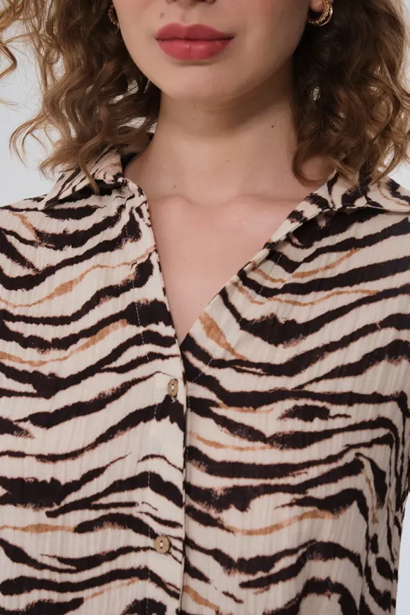 Zebra Patterned Muslin Shirt - Beige - 4