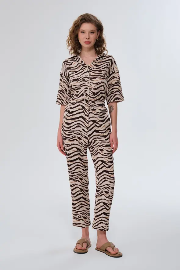Zebra Patterned Muslin Shirt - Beige - 3