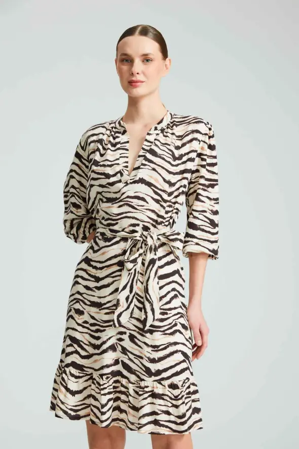 Zebra Patterned Viscose Dress - Beige - 3