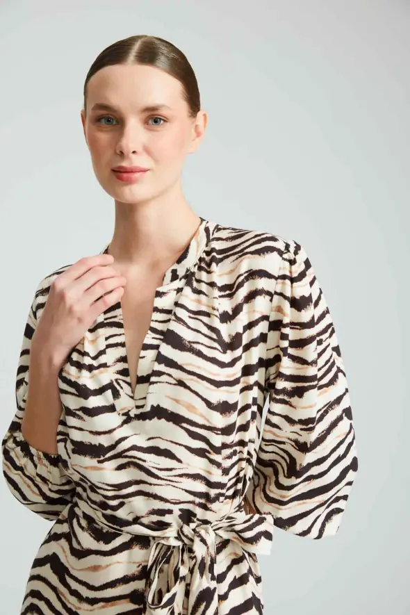 Zebra Patterned Viscose Dress - Beige - 4