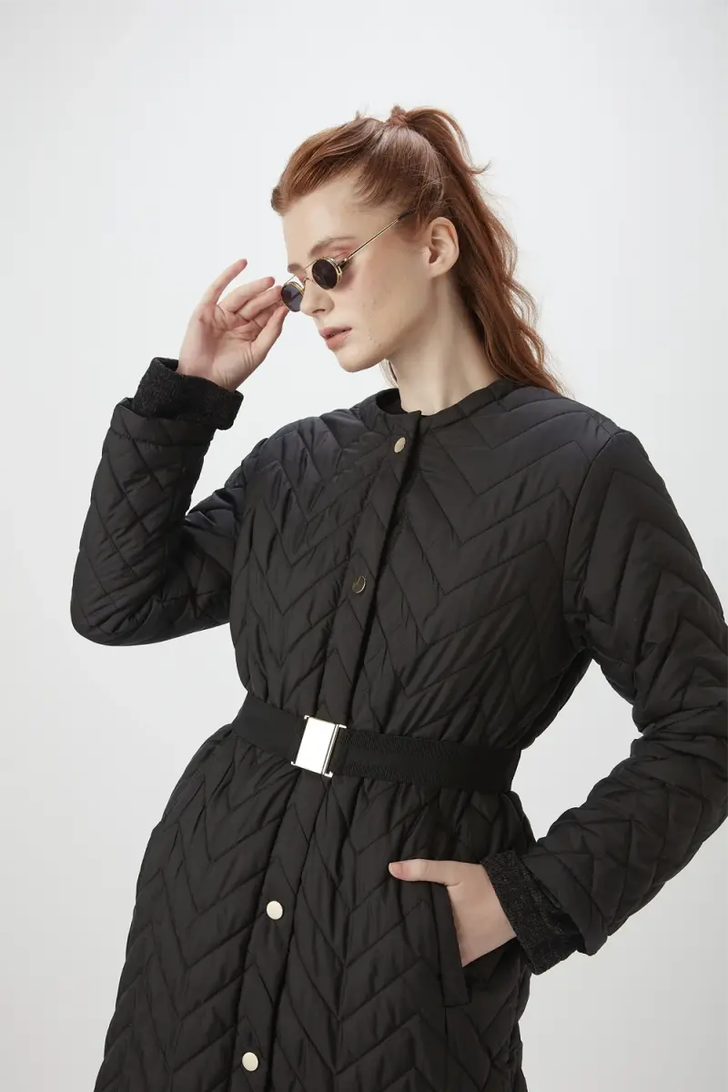 Zero Collar Quilted Coat - Black - 4