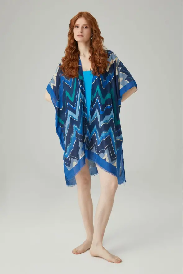 Zigzag Patterned Kimono - Navy Blue - 2