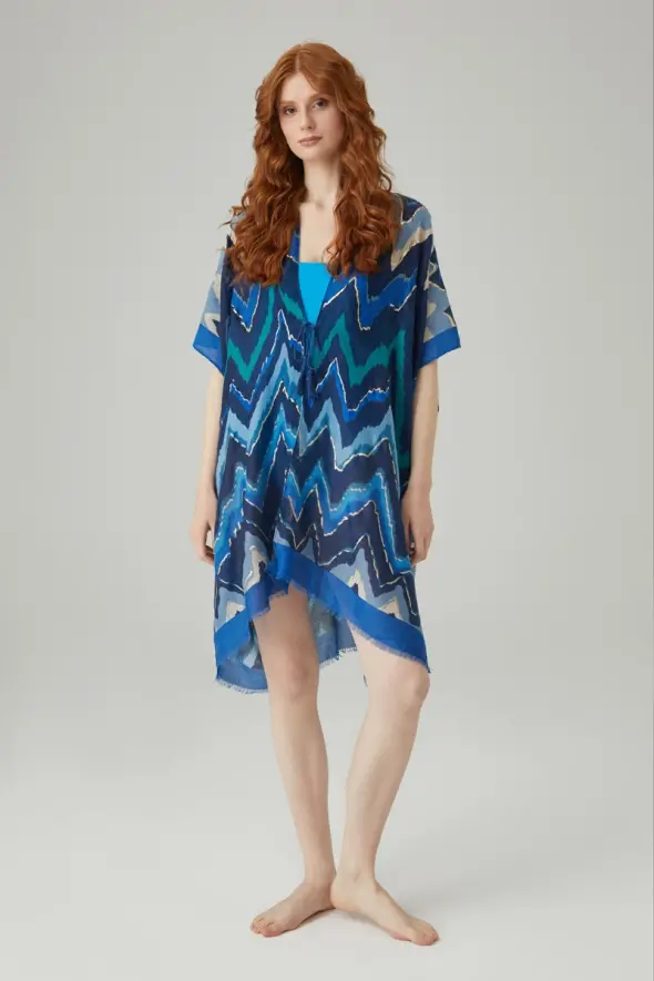 Zigzag Patterned Kimono - Navy Blue - 1