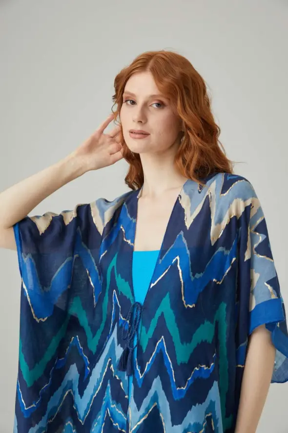 Zigzag Patterned Kimono - Navy Blue - 3