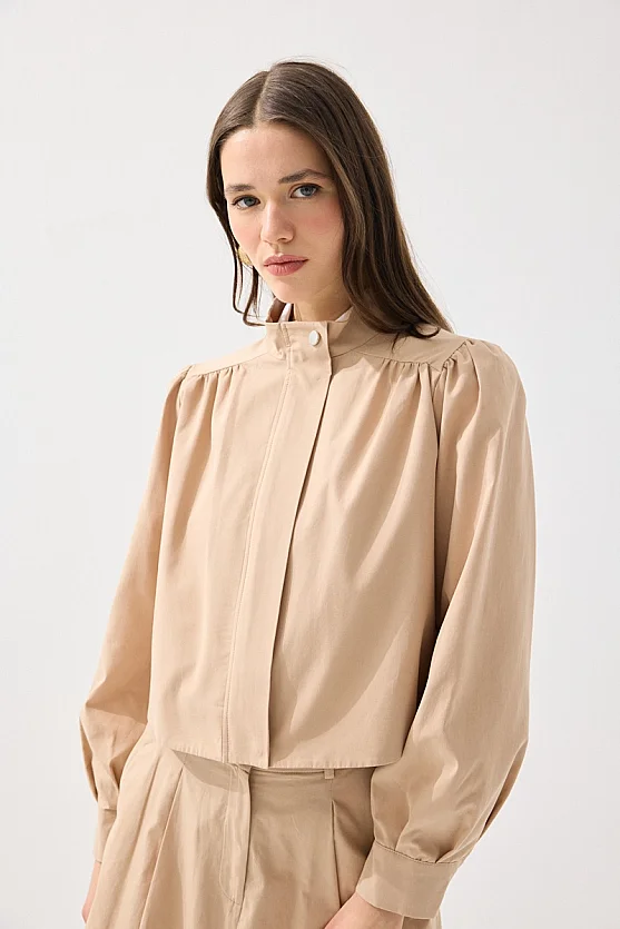 Zip-Up Cotton Jacket - Beige - 3