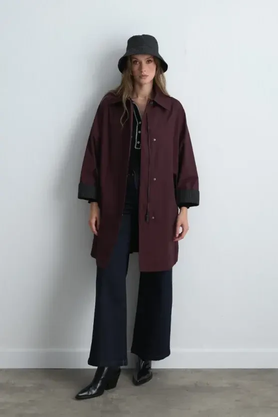 Zipped Cotton Trench Coat - Burgundy - Gusto