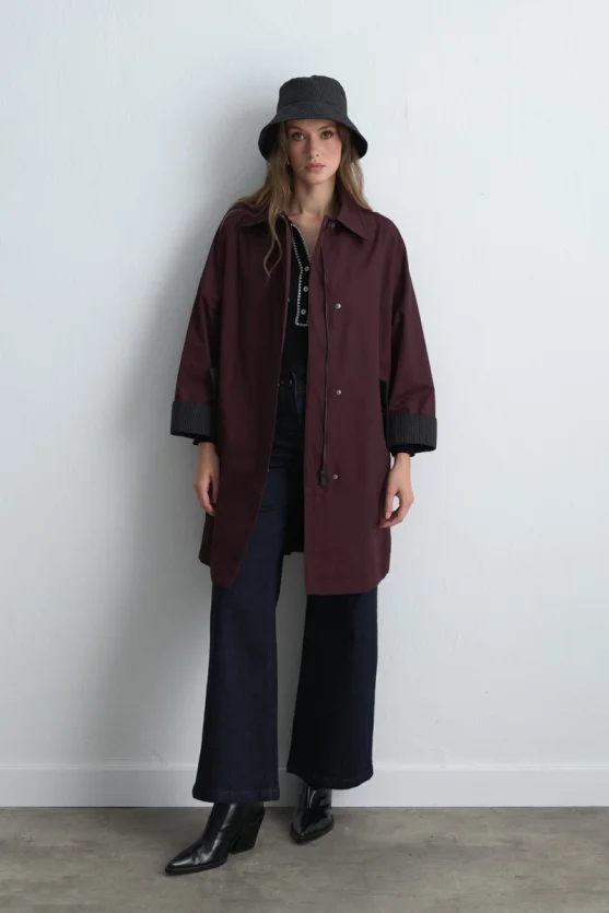 Zipped Cotton Trench Coat Burgundy - 2