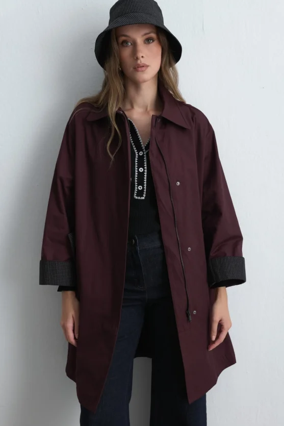 Zipped Cotton Trench Coat Burgundy - Gusto