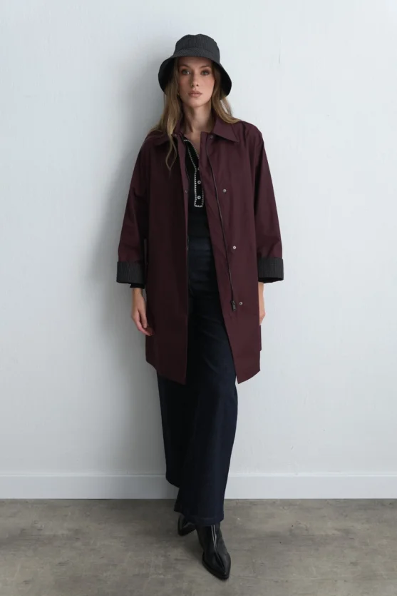 Zipped Cotton Trench Coat Burgundy - 3