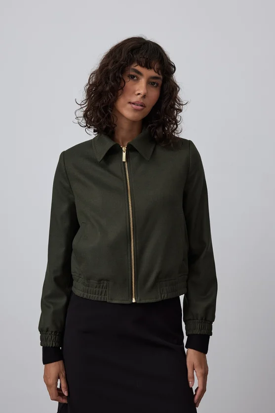 Zipped Wool Bomber Jacket - Khaki - Gusto