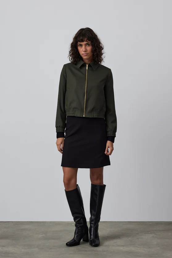 Zipped Wool Bomber Jacket - Khaki - Gusto