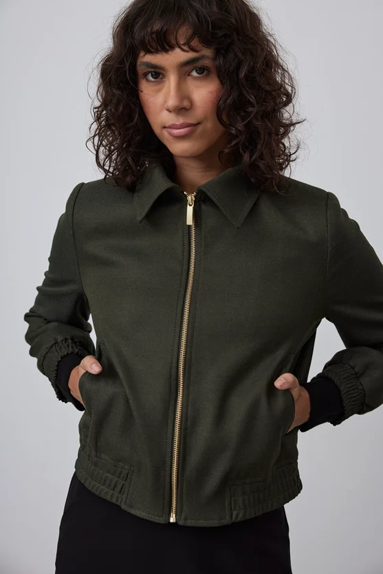 Zipped Wool Bomber Jacket - Khaki - 3
