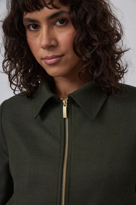 Zipped Wool Bomber Jacket - Khaki - Gusto