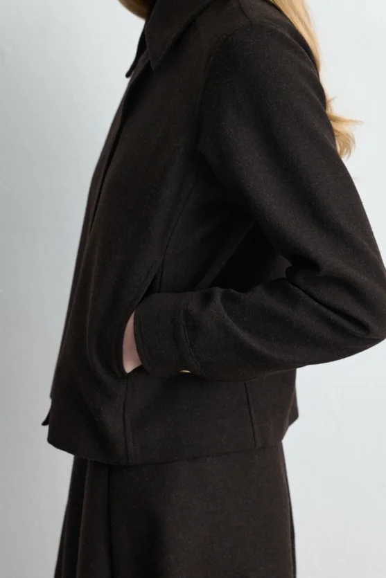 Zipped Wool Coat Jacket - Brown - Gusto