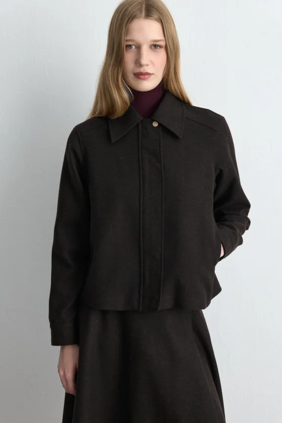 Zipped Wool Coat Jacket - Brown - Gusto