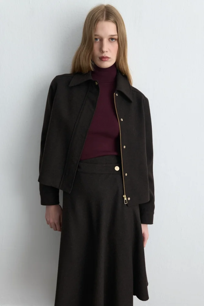 Zipped Wool Coat Jacket - Brown