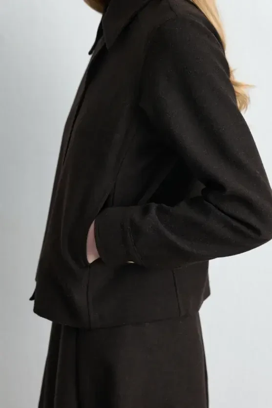 Zipped Wool Coat Jacket - Brown - 3